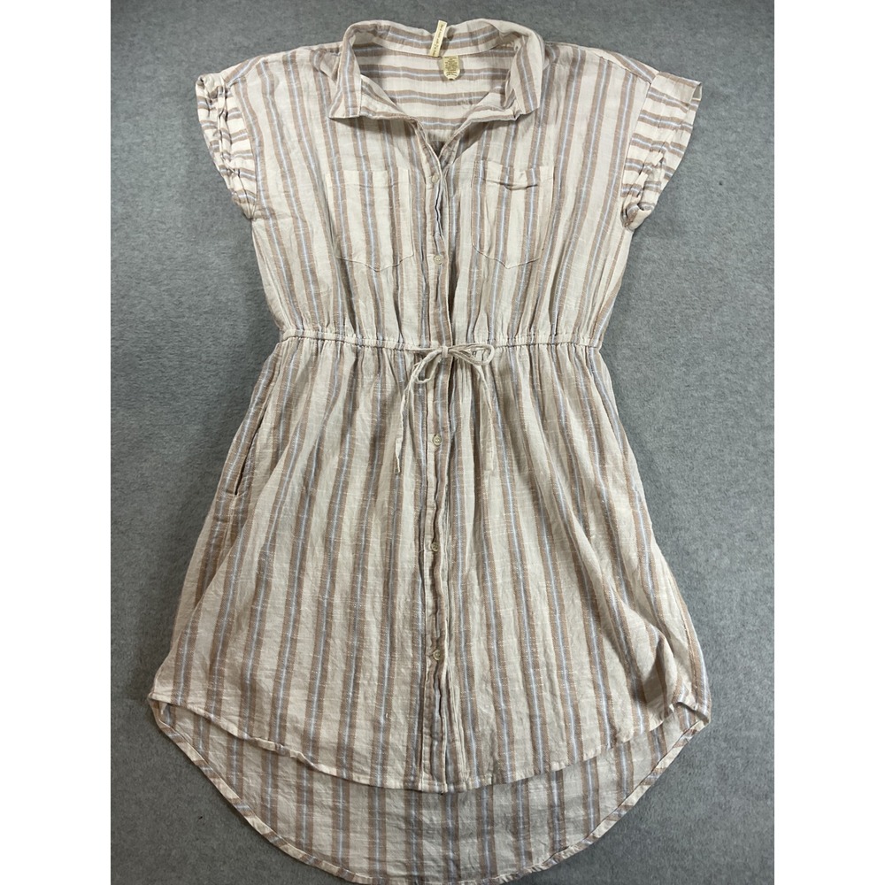 Japna Womens Striped Button Down Shirt Dress Tan Blue High Low Hem Pocket L 2110